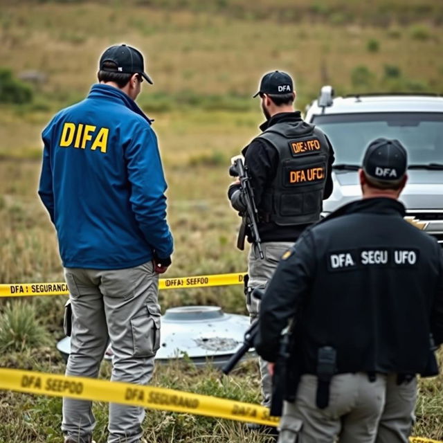 Two investigators examining a crashed UFO in a field