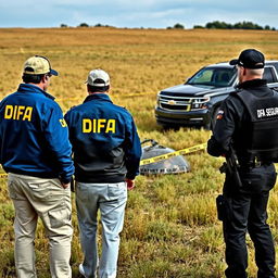 Two investigators examining a crashed UFO in a field