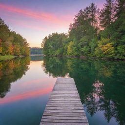 A serene landscape at sunset with vibrant colors reflected in a calm lake. Tall, lush trees border each side and a small wooden dock stretches into the water.