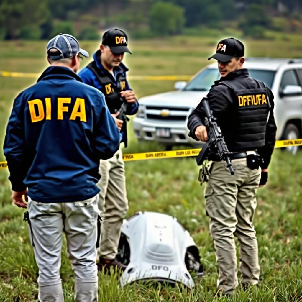 Two investigators analyzing a crashed UFO in the field