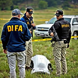 Two investigators analyzing a crashed UFO in the field