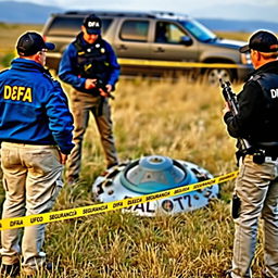 Two investigators analyzing a crashed UFO in the field