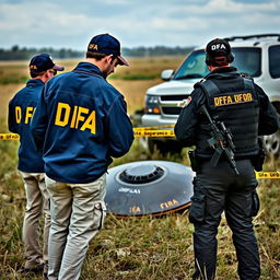 Two investigators analyzing a crashed UFO in the field