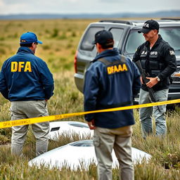 Two investigators analyzing a crashed UFO in the field