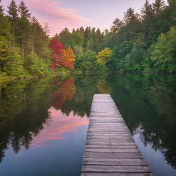 A serene landscape at sunset with vibrant colors reflected in a calm lake. Tall, lush trees border each side and a small wooden dock stretches into the water.