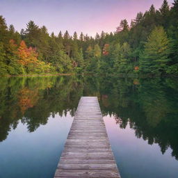 A serene landscape at sunset with vibrant colors reflected in a calm lake. Tall, lush trees border each side and a small wooden dock stretches into the water.