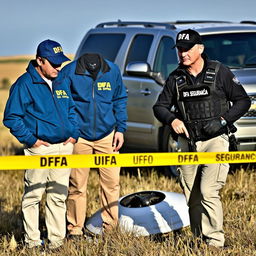 Two investigators analyzing a crashed UFO in the field