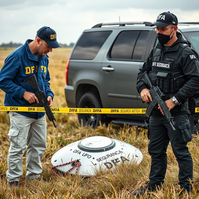 Two investigators analyzing a crashed UFO in the field