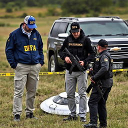 Two investigators analyzing a crashed UFO in the field