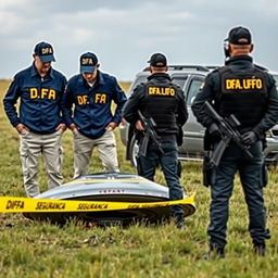 Two investigators analyzing a crashed UFO in the field