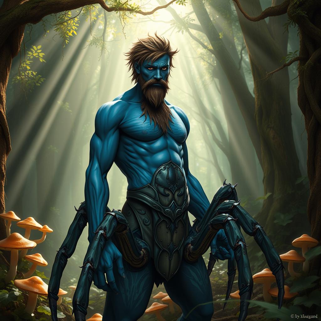 A male figure with a unique blend of humanoid and arachnid features