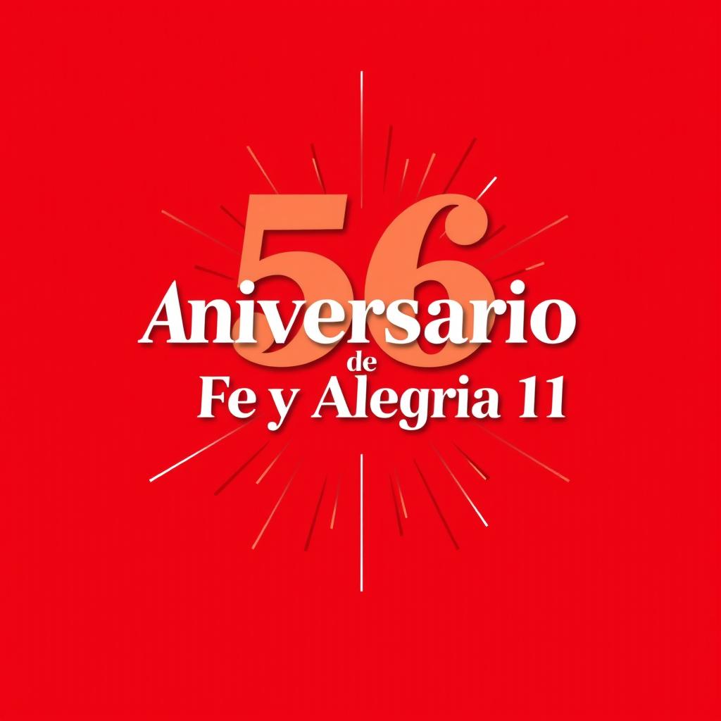 Un llamativo póster horizontal en español para celebrar el 56º aniversario de "Fe y Alegría 11", con un vibrante fondo en rojo y blanco