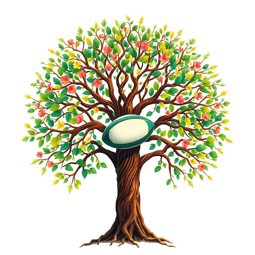 A vibrant and life-filled tree of life, its branches and roots reaching outwards, with a rugby ball positioned vertically at the center of the tree