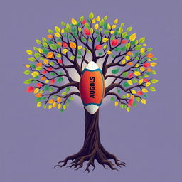 A vibrant and life-filled tree of life, its branches and roots reaching outwards, with a rugby ball positioned vertically at the center of the tree