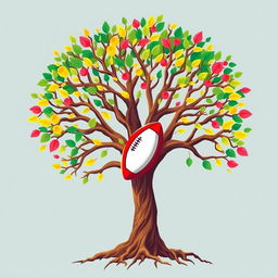 A vibrant and life-filled tree of life, its branches and roots reaching outwards, with a rugby ball positioned vertically at the center of the tree