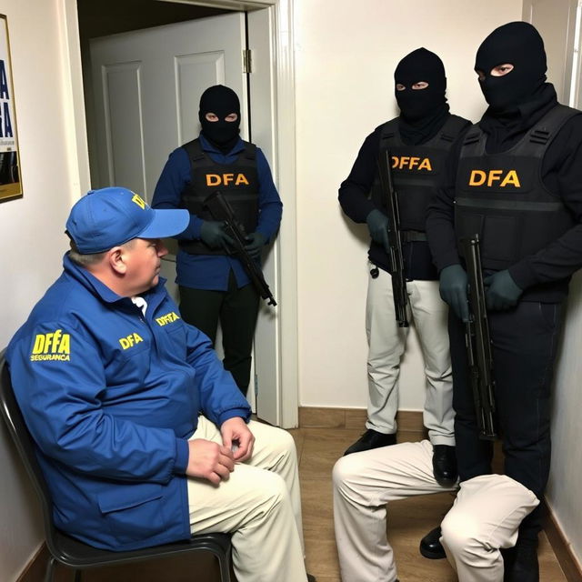 Two investigators wearing blue jackets with "DFA" in yellow letters, caps with "DFA", and cream-colored trousers with pockets, are seated and interrogating an extraterrestrial