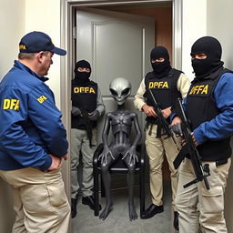 Two investigators wearing blue jackets with "DFA" in yellow letters, caps with "DFA", and cream-colored trousers with pockets, are seated and interrogating an extraterrestrial