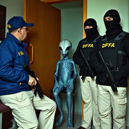 Two investigators wearing blue jackets with "DFA" in yellow letters, caps with "DFA", and cream-colored trousers with pockets, are seated and interrogating an extraterrestrial