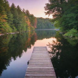 A serene landscape at sunset with vibrant colors reflected in a calm lake. Tall, lush trees border each side and a small wooden dock stretches into the water.