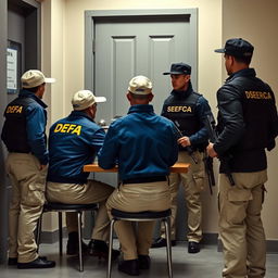 Two investigators wearing blue jackets with yellow "DFA" lettering, DFA caps, and cream-colored trousers with pockets, are seated at a table interrogating an extraterrestrial