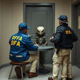 Two investigators wearing blue jackets with yellow "DFA" lettering, DFA caps, and cream-colored trousers with pockets, are seated at a table interrogating an extraterrestrial