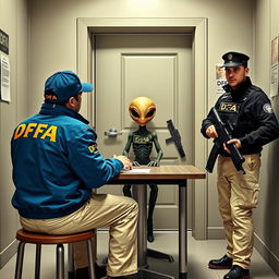 Two investigators wearing blue jackets with yellow "DFA" lettering, DFA caps, and cream-colored trousers with pockets, are seated at a table interrogating an extraterrestrial