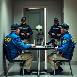 Two investigators wearing blue jackets with yellow "DFA" lettering, DFA caps, and cream-colored trousers with pockets, are seated at a table interrogating an extraterrestrial