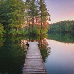 A serene landscape at sunset with vibrant colors reflected in a calm lake. Tall, lush trees border each side and a small wooden dock stretches into the water.