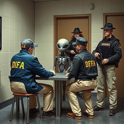 Two investigators seated at a table in an interrogation room, wearing blue jackets with "DFA" in yellow letters, DFA caps, and cream-colored trousers with pockets, interrogate an extraterrestrial