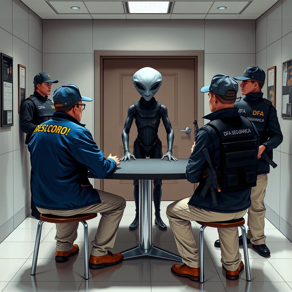 Two investigators seated at a table in an interrogation room, wearing blue jackets with "DFA" in yellow letters, DFA caps, and cream-colored trousers with pockets, interrogate an extraterrestrial