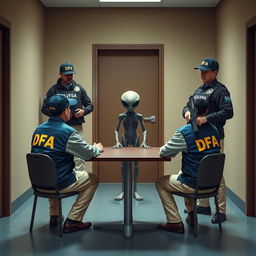 Two investigators seated at a table in an interrogation room, wearing blue jackets with "DFA" in yellow letters, DFA caps, and cream-colored trousers with pockets, interrogate an extraterrestrial