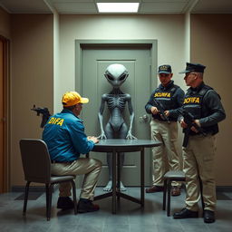 Two investigators seated at a table in an interrogation room, wearing blue jackets with "DFA" in yellow letters, DFA caps, and cream-colored trousers with pockets, interrogate an extraterrestrial