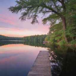 A serene landscape at sunset with vibrant colors reflected in a calm lake. Tall, lush trees border each side and a small wooden dock stretches into the water.