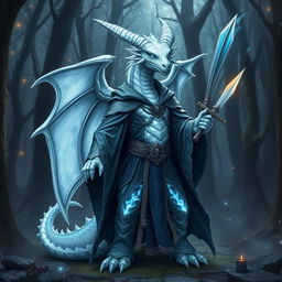 A mystical albino blue dragon humanoid wizard, standing confidently with a magical staff in one hand and a sharp dagger in the other