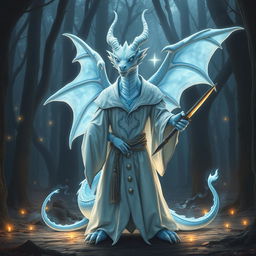 A mystical albino blue dragon humanoid wizard, standing confidently with a magical staff in one hand and a sharp dagger in the other