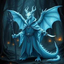 A mystical albino blue dragon humanoid wizard, standing confidently with a magical staff in one hand and a sharp dagger in the other