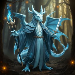 A mystical albino blue dragon humanoid wizard, standing confidently with a magical staff in one hand and a sharp dagger in the other