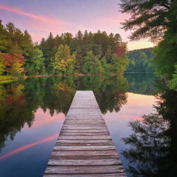 A serene landscape at sunset with vibrant colors reflected in a calm lake. Tall, lush trees border each side and a small wooden dock stretches into the water.