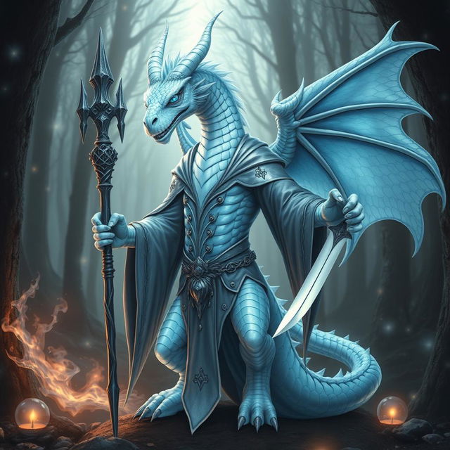 A mystical albino blue dragon humanoid wizard, standing confidently with a magical staff in one hand and a sharp dagger in the other