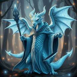 A mystical albino blue dragon humanoid wizard, standing confidently with a magical staff in one hand and a sharp dagger in the other