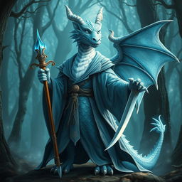 A mystical albino blue dragon humanoid wizard, standing confidently with a magical staff in one hand and a sharp dagger in the other