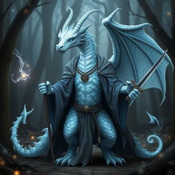 A mystical albino blue dragon humanoid wizard, standing confidently with a magical staff in one hand and a sharp dagger in the other