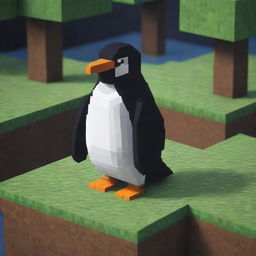 A square pixel art penguin in a Minecraft style environment.