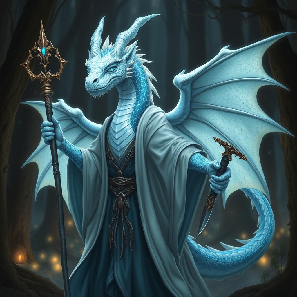 A mystical albino blue dragon humanoid wizard with pronounced humanoid features, standing confidently with a magical staff in one hand and a sharp dagger in the other