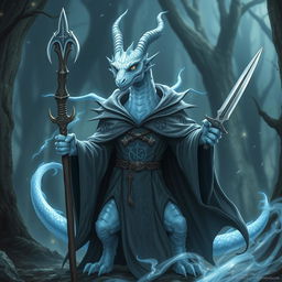 A mystical albino blue dragon humanoid wizard with pronounced humanoid features, standing confidently with a magical staff in one hand and a sharp dagger in the other