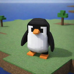 A square pixel art penguin in a Minecraft style environment.