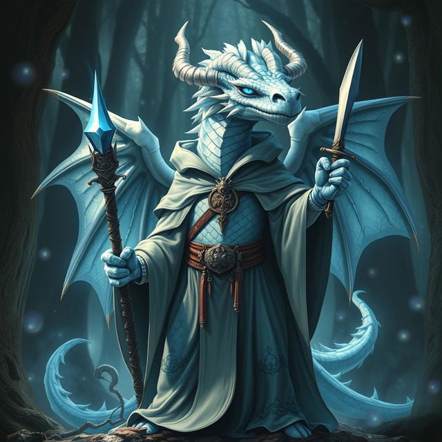 A mystical albino blue dragon humanoid wizard with pronounced humanoid features, standing confidently with a magical staff in one hand and a sharp dagger in the other