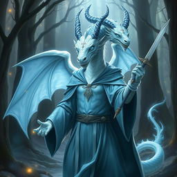 A mystical albino blue dragon humanoid wizard with pronounced humanoid features, standing confidently with a magical staff in one hand and a sharp dagger in the other