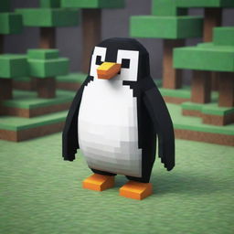 A square pixel art penguin in a Minecraft style environment.