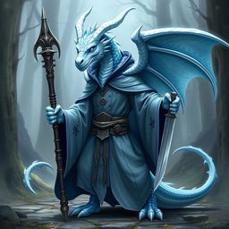 A mystical albino blue dragon humanoid wizard, designed as a Dungeons and Dragons player character, standing confidently with a magical staff in one hand and a sharp dagger in the other